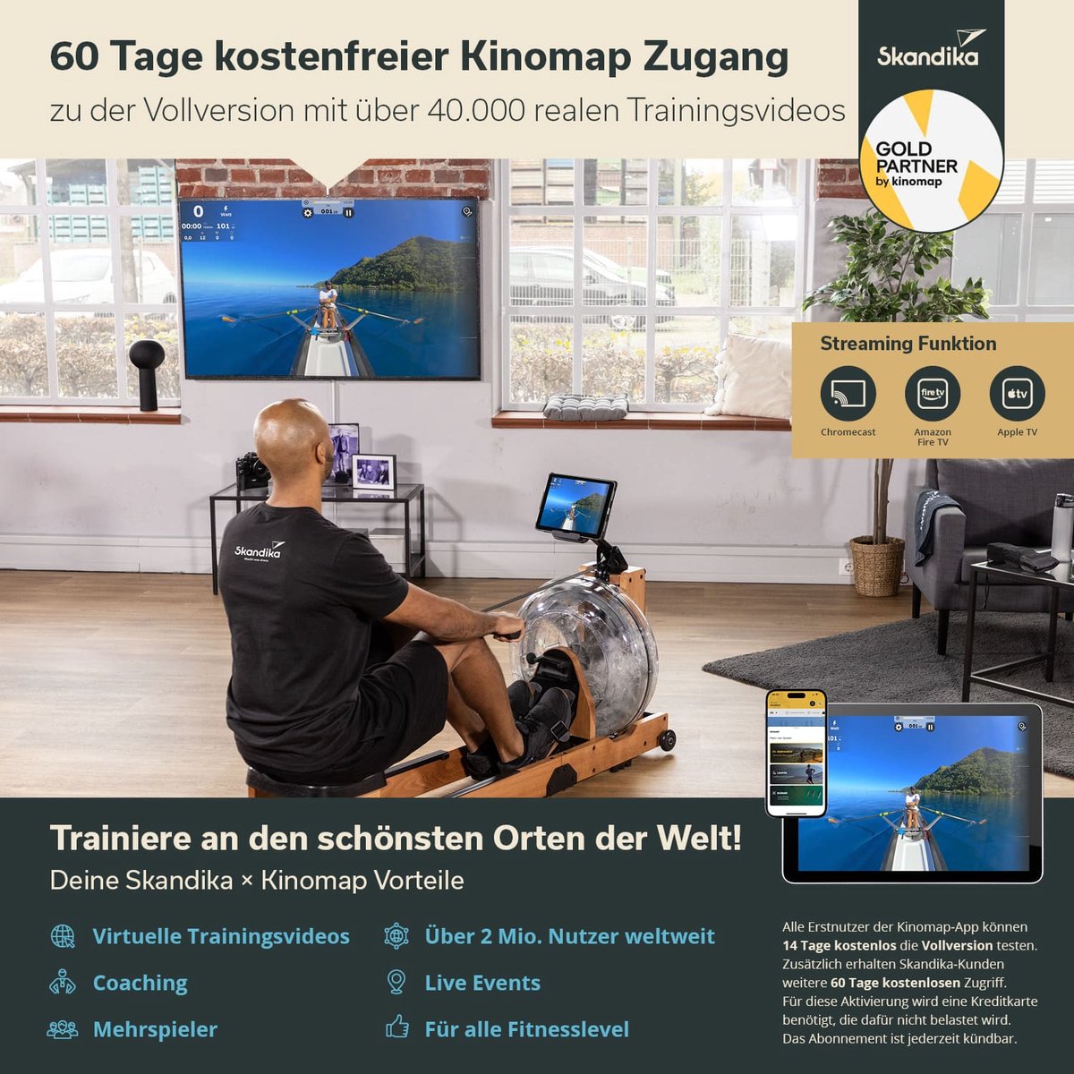 Afbeelding 2 van Skandika Lykke Water Roeimachine SET – Roeitrainers - Roeimachine (175l x 52b x 90h cm) + Mat (65 x 230 cm) – 90° Tank, Roeitrainer fitness thuis, instelbare waterweerstand, max. 150 kg Gebruikersgewicht – Kinomap App, Massief Beukenhout – licht hout