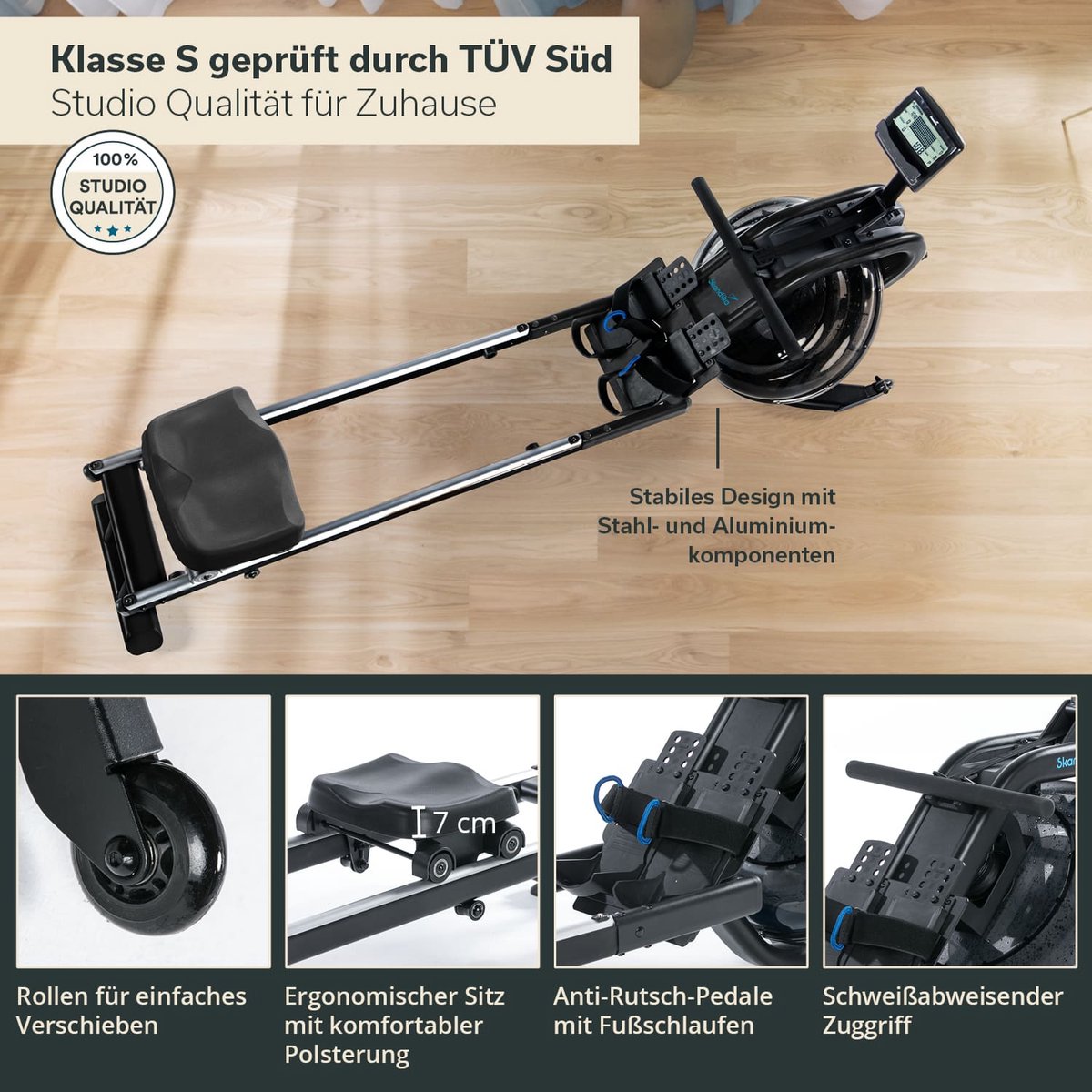 Afbeelding 2 van Skandika Roeitrainer Nemo IV SET – Roeitrainers - Roeimachine – Waterroeiapparaat met multi-weerstandsbanden set - Waterroeiapparaat voor thuis, studio kwaliteit getest door TÜV Süd, Kinomap, tablet houder - Roeiapparaat met waterweerstand –