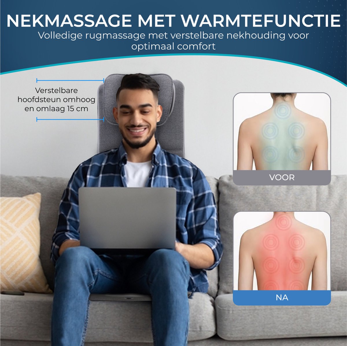 El Suvon - Shiatsu Massagestoel - Shiatsu Massagekussen - Rug- en Nekmassage - Met Verwarming - Grijs – foto 8
