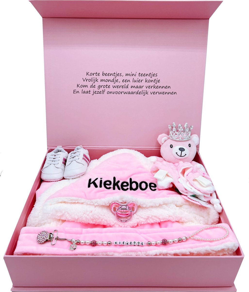 Goedkoopste Kraamcadeau meisje - groot kraamcadeau - geboortegeschenk meisje met luxe omslagdoek, teddybeer, speen, speenkoord en babyschoentjes - ook rechtstreeks als cadeau op te sturen