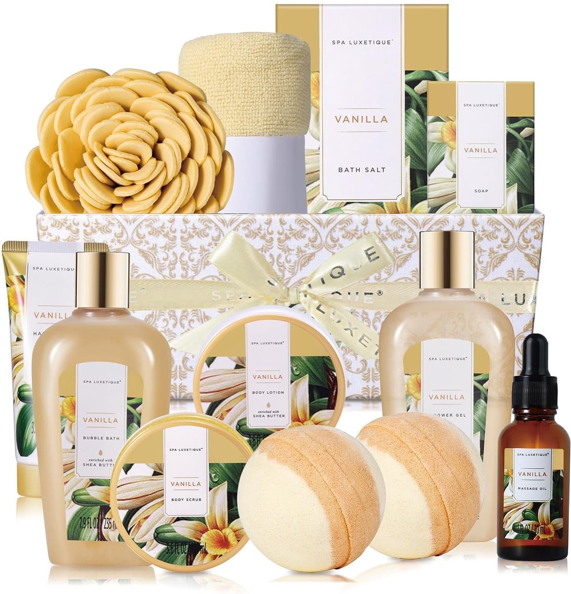 Goedkoopste Spa Luxetique - Vanilla Gold - 13-delig Wellness Verwenpakket Vanille Kerstcadeau - Giftset - Geschenkset Vrouwen XL - Verjaardag Cadeau Vrouw, Moeder, Mama, Zus, Vriendin, Oma, Juf - Cadeaupakket voor haar
