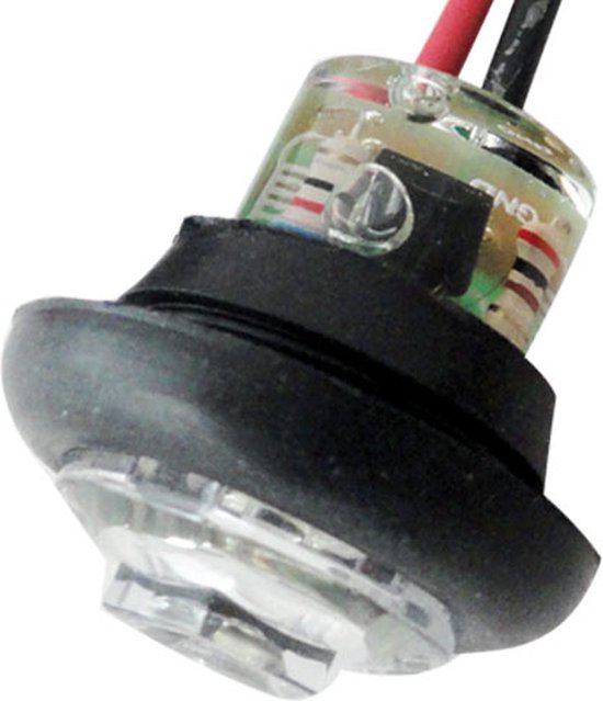 Rond LED-markeringslicht met zwarte rubberen behuizing, transparante lens en rood-zwarte bedrading.