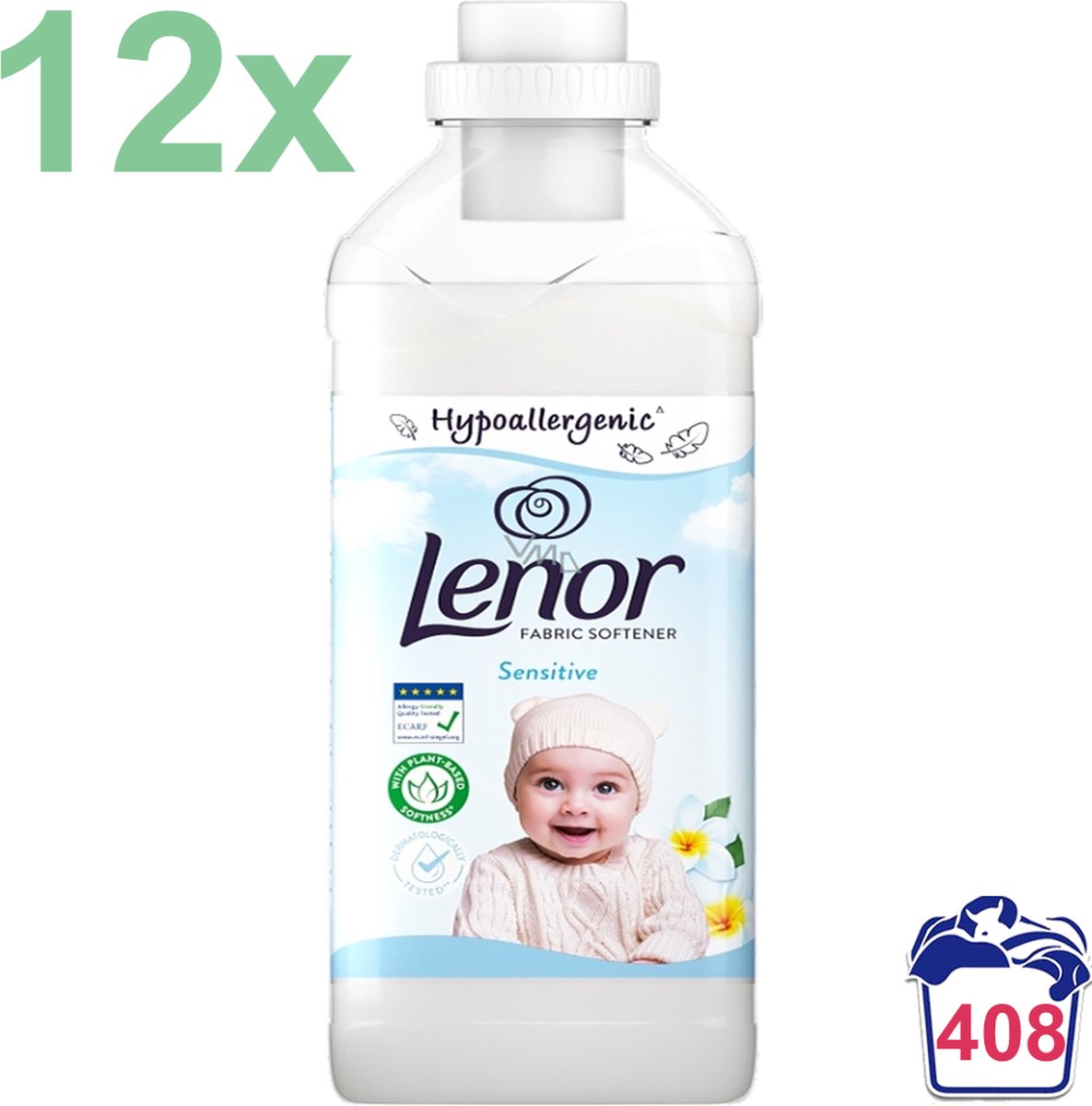 Goedkoopste Lenor - Sensitive - Hypoallergenic - Wasverzachter - 12x 850ml - 408 Wasbeurten - Voordeelverpakking