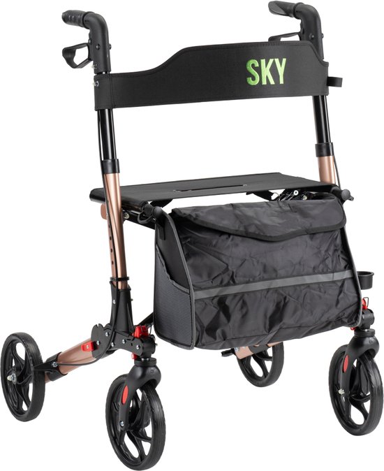 Sky - Lichtgewicht rollator - Champagne - Dubbel opvouwbaar - Met stokhouder, tas en rugband