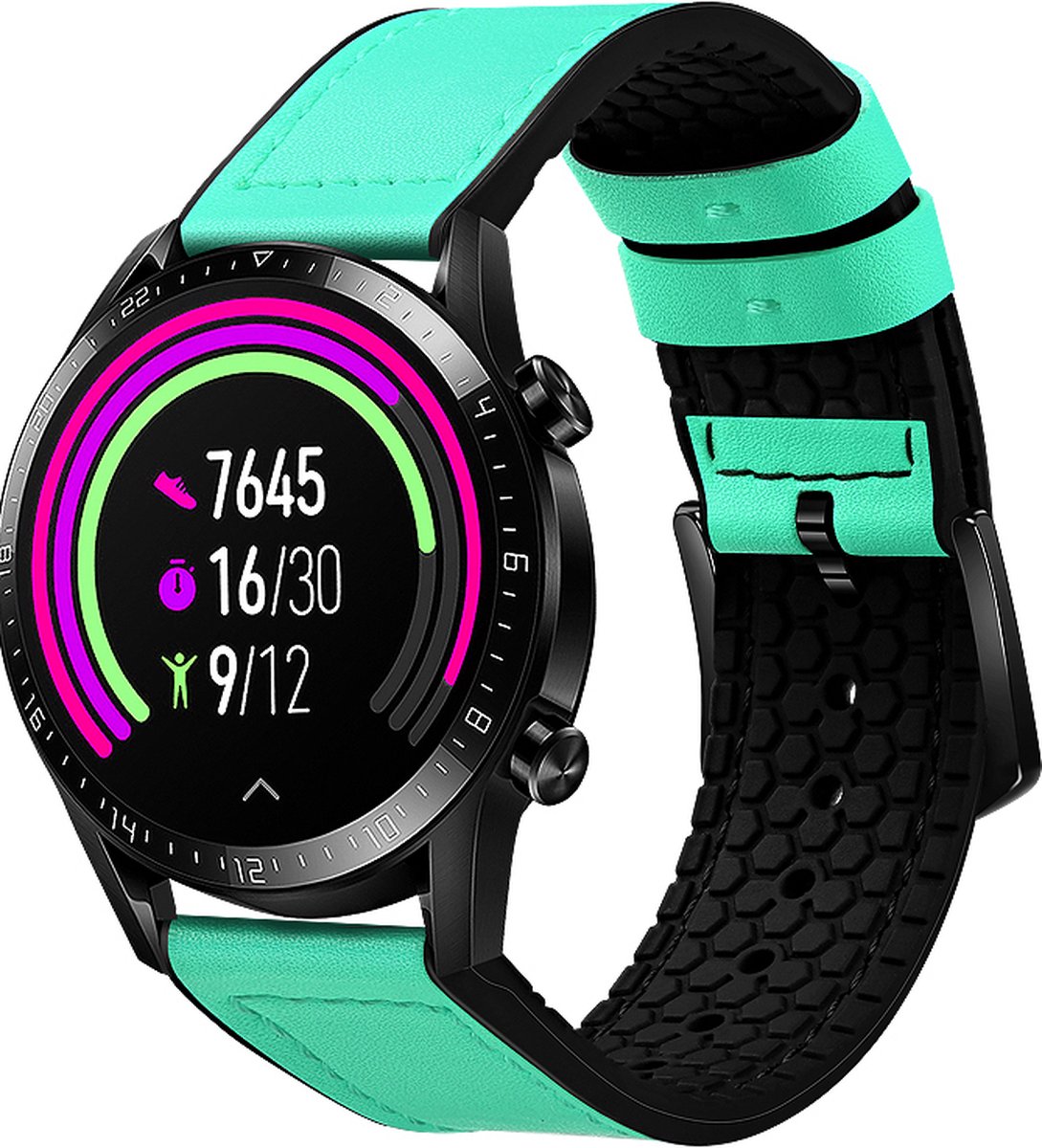 Stravo Echt leer met siliconen hybride design bandje - 22mm - Cyan - Compatibel met Samsung Galaxy Watch 46mm / 3 (45mm) / Gear S3, Polar Vantage M2 / Grit X, Huawei Watch GT 3 (Pro) / 2, Amazfit GTR - Geschikt voor Mannen en Vrouwen