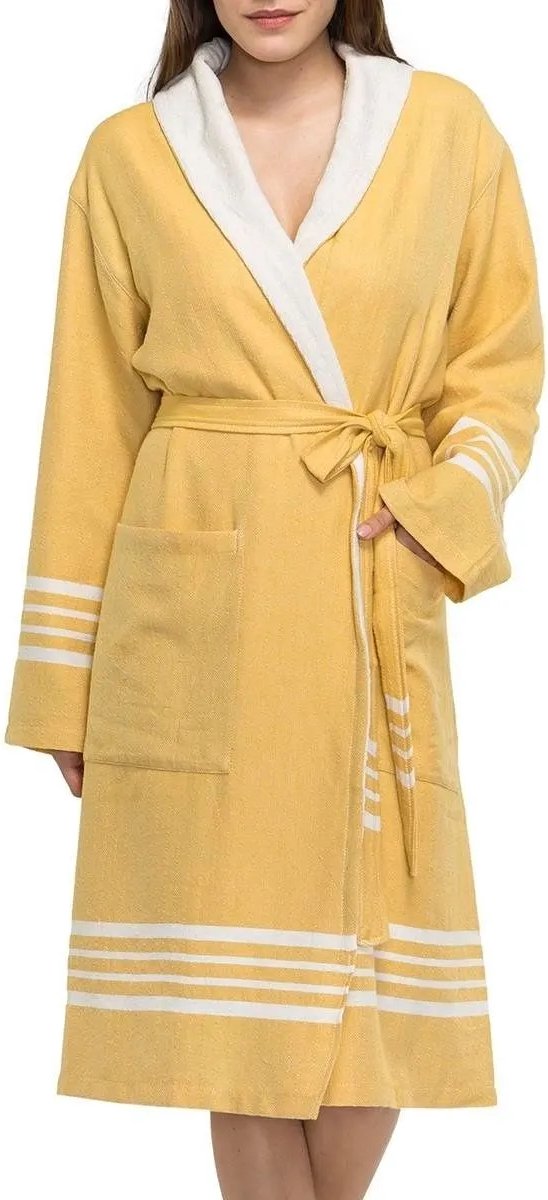 Gevoerde Hamam Badjas Krem Sultan Mustard Yellow - M - Hotelkwaliteit - Sjaalkraag - Luxe badjas - Badstof - Sauna Badjas - Ochtendjas - Badmantel