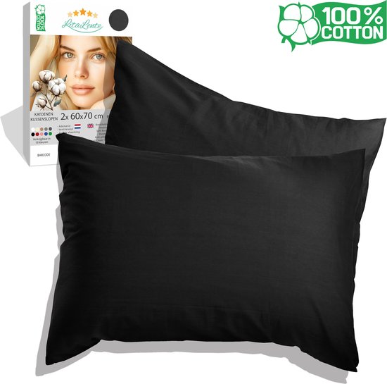 taie d'oreiller Katoen - 60x70 (lot de 2) - Zwart - Taie d'oreiller antibactérienne - Protège-oreiller - taie d'oreiller coton - taie d'oreiller - Protège-oreiller - Taies d'oreiller