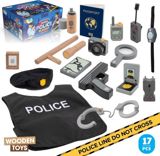 Foto: Klein toys politieagent rugzak 28x25x85 cm incl accessoires verstelbare riemen en een grote opening voor het makkelijk pakken en opbergen blauw geel