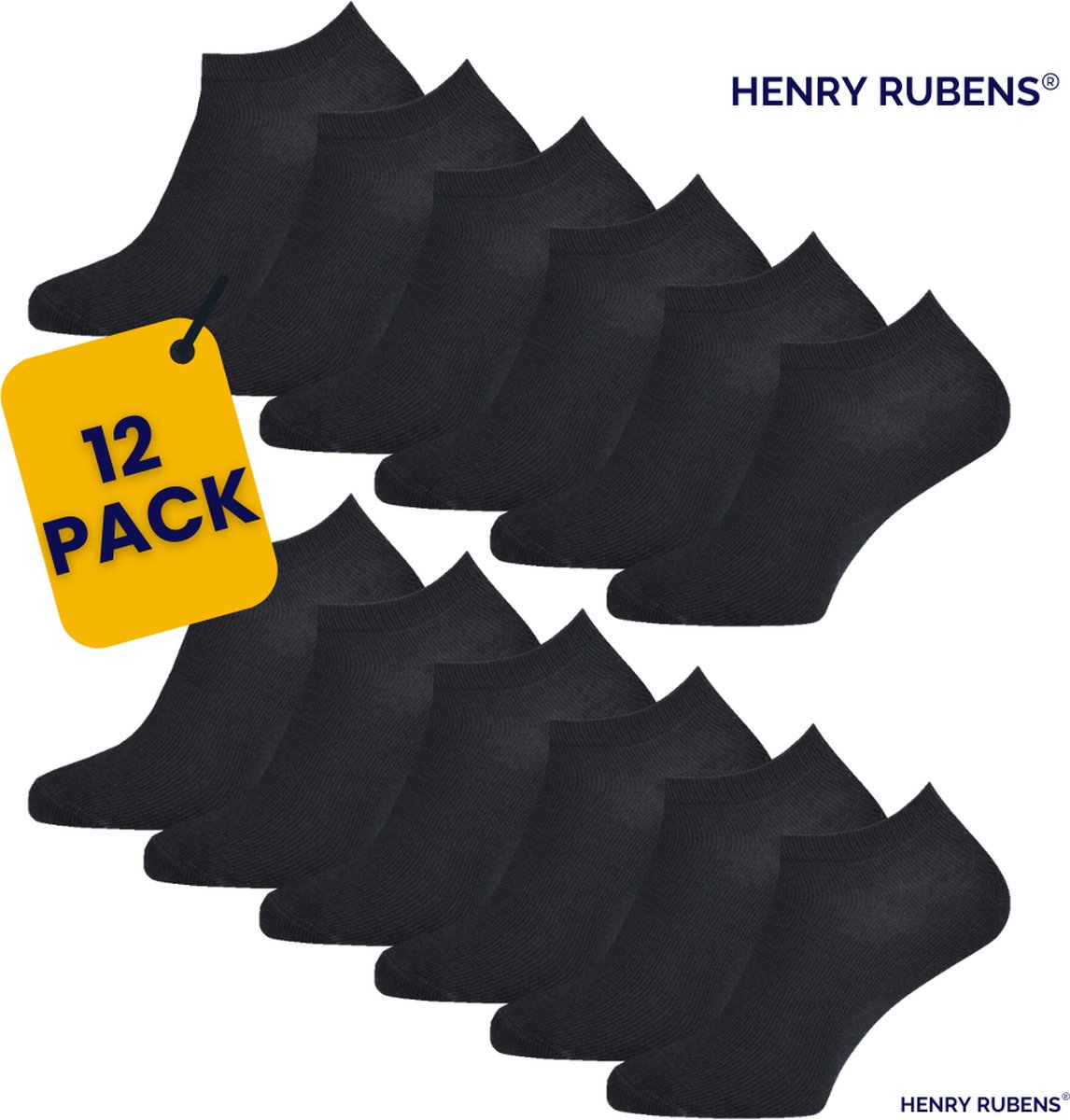 Henry Rubens® Sneakersokken Katoen - Enkelsokken Heren & Dames - 12 Paar - Zwart - Maat 39-42 - Korte sokken