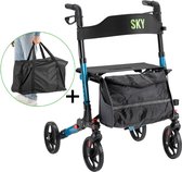 Sky - Lichtgewicht rollator met transporttas - Blauw - Dubbel opvouwbaar - Met stokhouder, tas en rugband