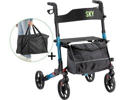 Sky - Lichtgewicht rollator met transporttas - Blauw - Dubbel opvouwbaar - Met stokhouder, tas en rugband