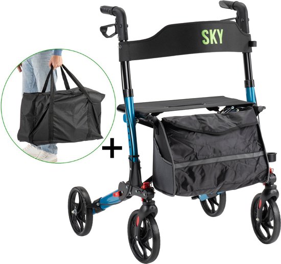 Sky - Lichtgewicht rollator met transporttas - Blauw - Dubbel opvouwbaar - Met stokhouder, tas en rugband