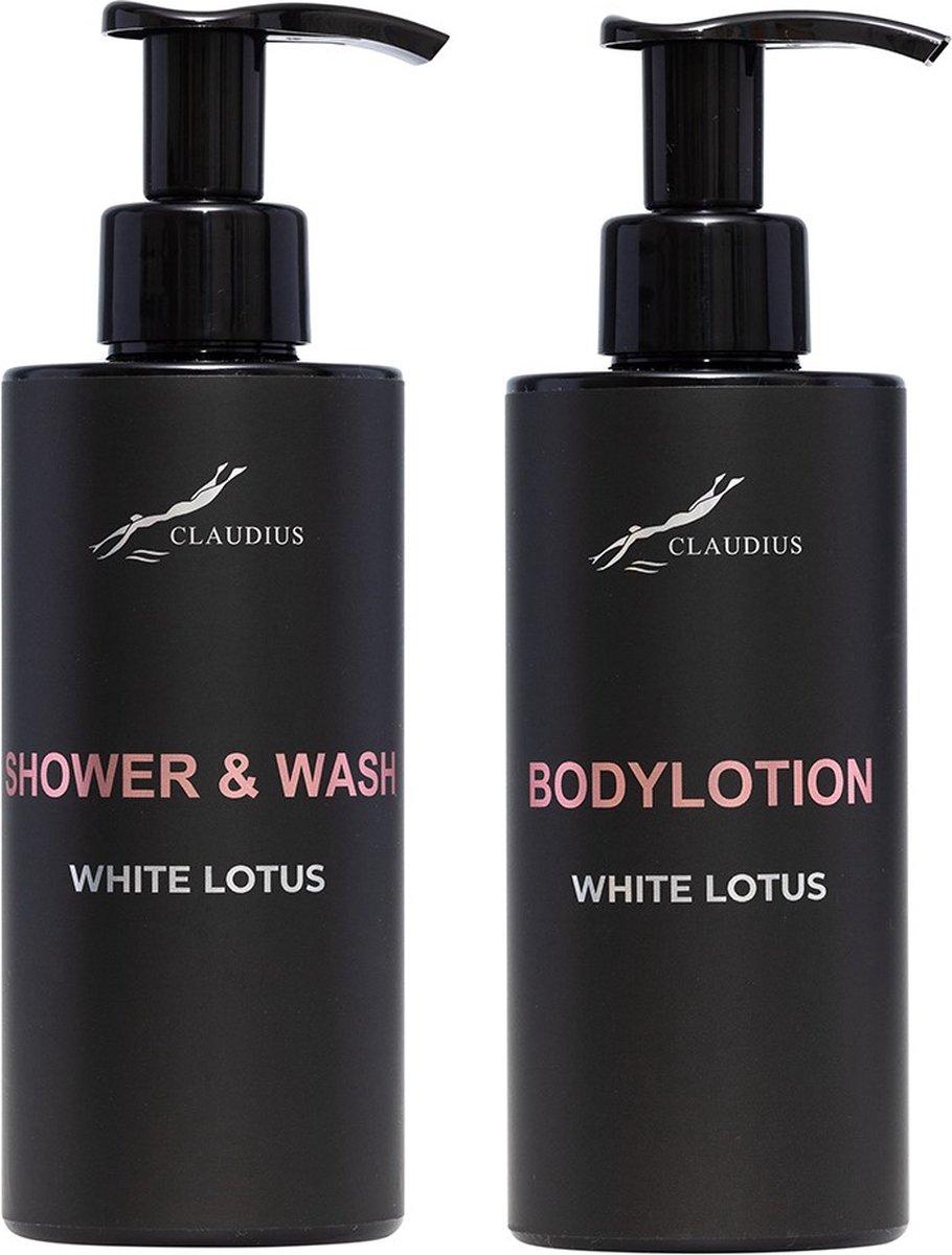 Goedkoopste Douchepakket White Lotus - Shower & Wash Bodylotion - 300 ml per fles - Claudius Cosmetics - bodycare - luxe fles - set van 2 stuks - Cadeau