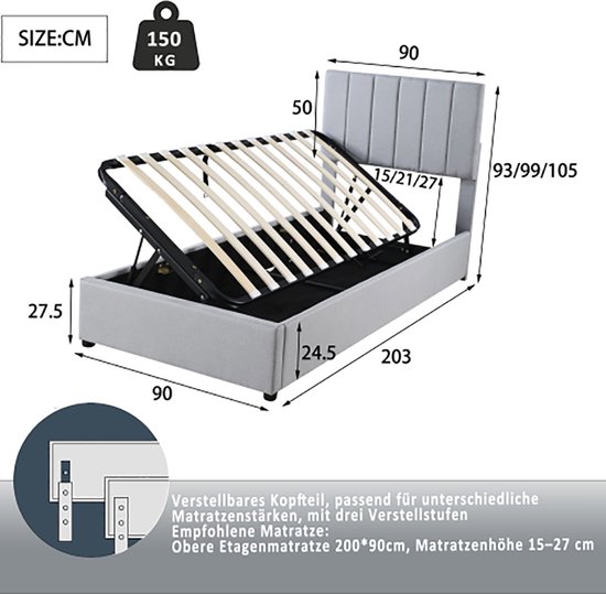 NNJN Gestoffeerd bed, hydraulisch opbergbed, huidvriendelijk linnen stapelbed, multifunctioneel tweepersoonsbed (grijs, 180 x 200 cm