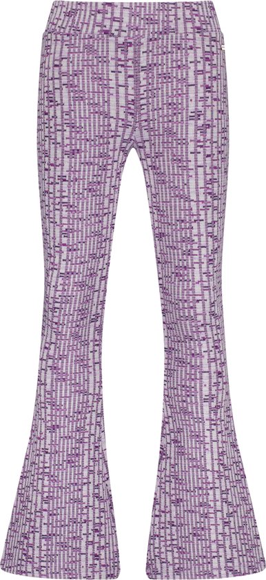 Flared broek met paarse en witte grafische print.