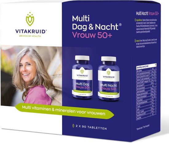 Doos van Vitakruid 'Multi Dag & Nacht Vrouw 50+' met twee potjes en een foto van een vrouw.