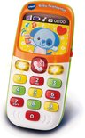 Oranje en groene baby telefoon met clown, nummers en belknop.