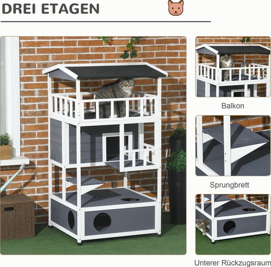 PawHut buiten kattenhuis, weerbestendig, 75,5 x 75 x 137 cm, ideaal