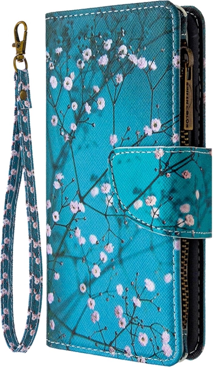 Telefoonhoesje geschikt voor Samsung Galaxy A40 - Portemonnee met rits - book-case hoesje - ruimte voor 9 pasjes - blauw bloemen bloesem