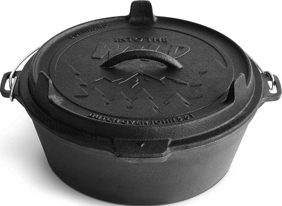 Dutch Oven BURNHARD® Gietijzer, 5,6 l Inhoud, Multifunctionele Deksel, Deksellichter, voor BBQ & Vuurplaats, ideaal voor Stoofgerechten – Little John