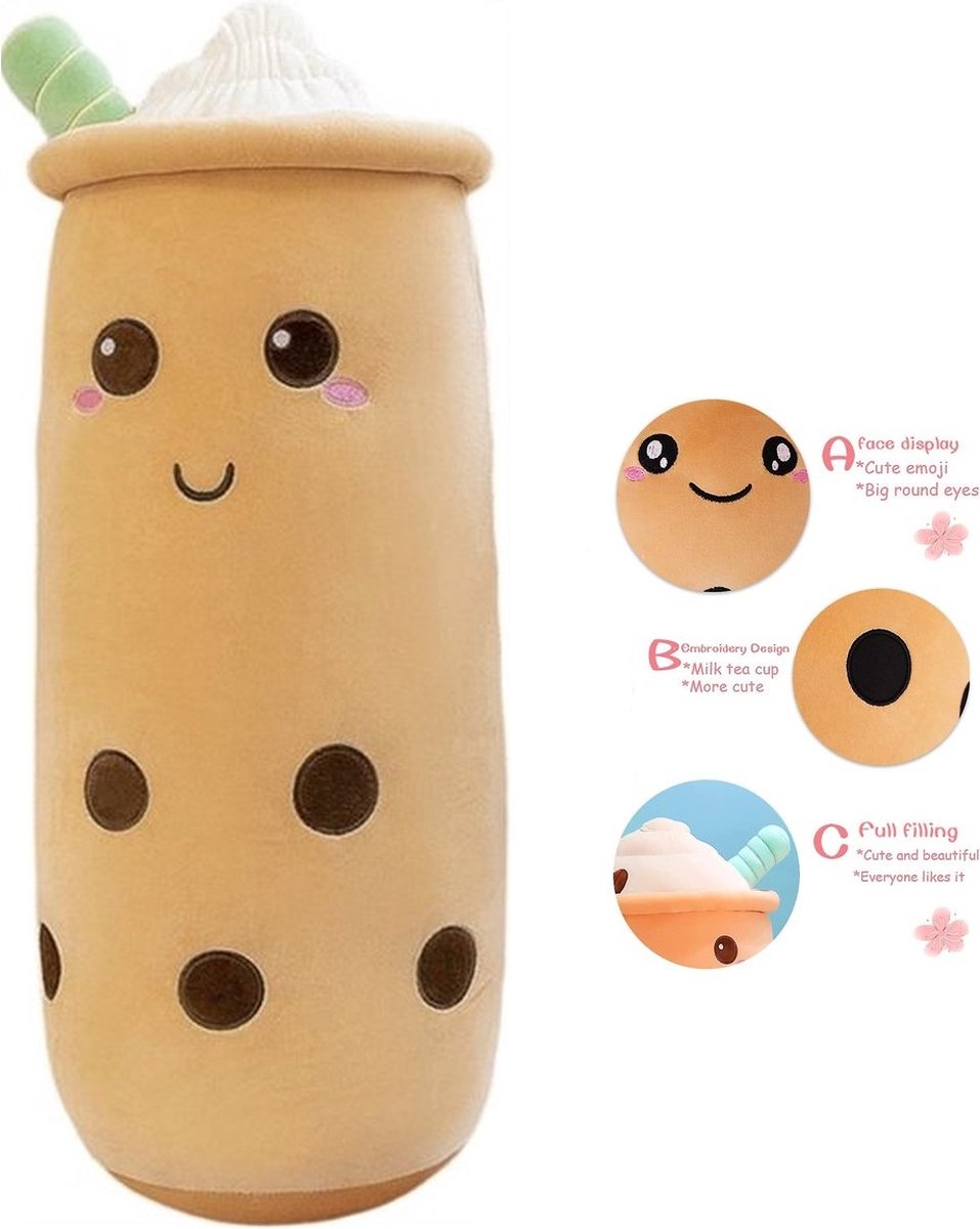 Happy Trendz® - XL Kawaii 110 cm bubble TeaKussen Pakket - Extra Lange Bubble Tea Knuffel : 110cm - Squishy Bruine Knuffel Bubble Tea Boba Model XXXL