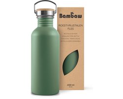 Bambaw® Waterfles 1 liter - Enkelwandige drinkfles - Lekvrij, Plasticvrij met Bamboe Dop - Waterflessen Volwassenen - Waterfles RVS - Perfect voor Reizen, Wandelen, Dagelijks Gebruik, Kamperen - Water Fles - Camping - Groen