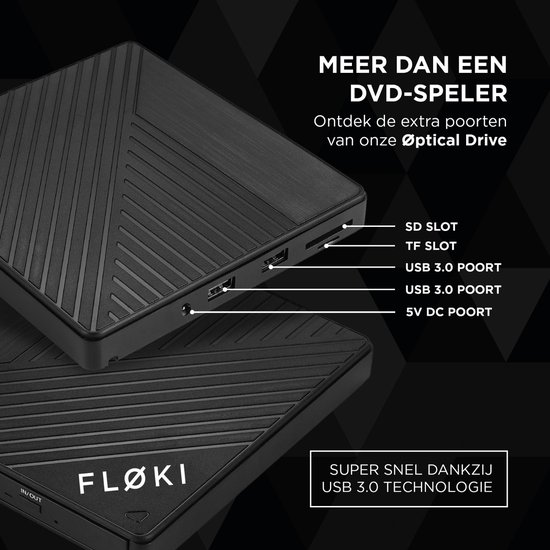 Zwarte Floki optische drive met SD-slot, TF-slot en USB 3.0 poorten.