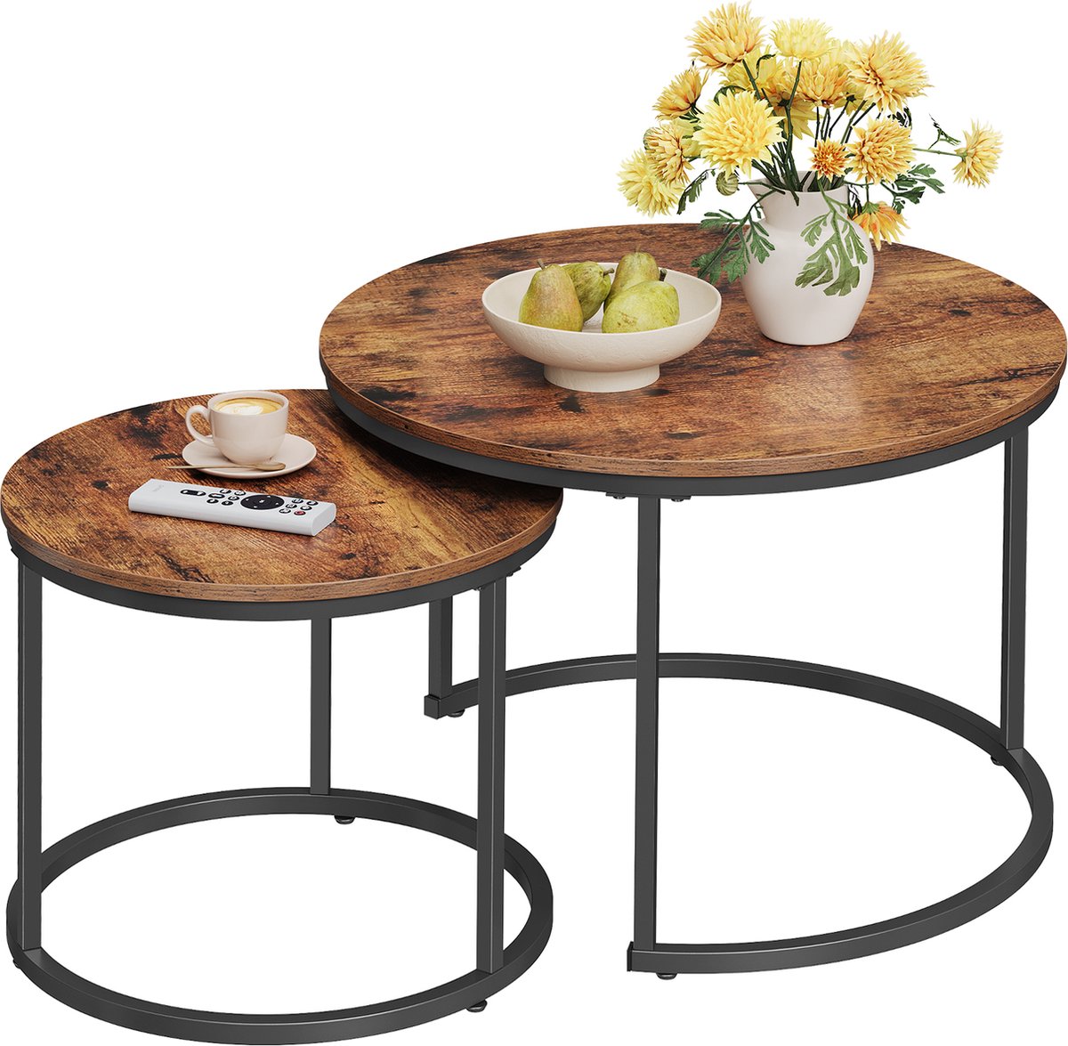 ACAZA Salontafel - Salontafel rond - Vintage Bruin - Hoogte 48 en 42 cm - Set van 2 Salontafels - Diameter 72 en 52 cm - Ronde Salontafel - Salontafel Industrieel - Klein Tafeltje - Salon Tafel - Table basse de salon - Kleine Tafel - Salontafels
