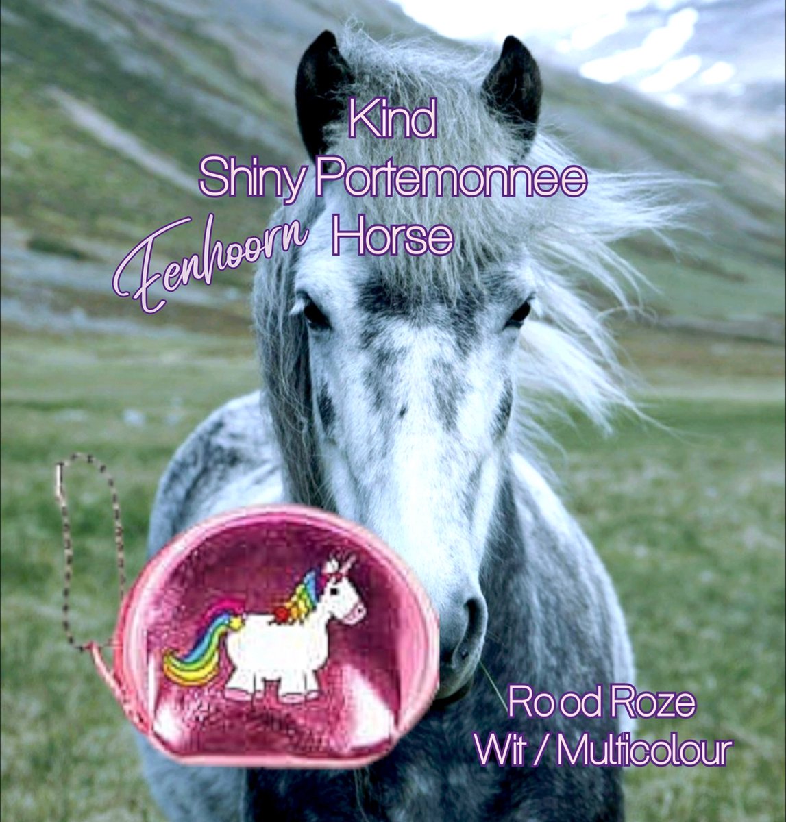 Huiscollectie - LFA - Mini portemonnee / earplug etui /snuisterij tasje - éénhoorn paardje - regenboog manen / staart - Rood Roze / Wit Multicolour - Shiny lak leder - 6,5x5,5 cm - kinderen - unisex - casual feest verjaardag