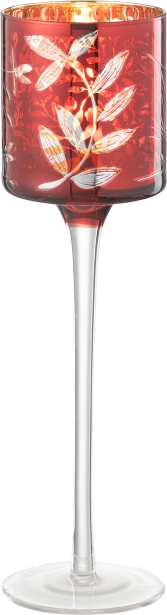 J-Line theelichthouder Op Voet Blaadjes - glas - rood/goud - small