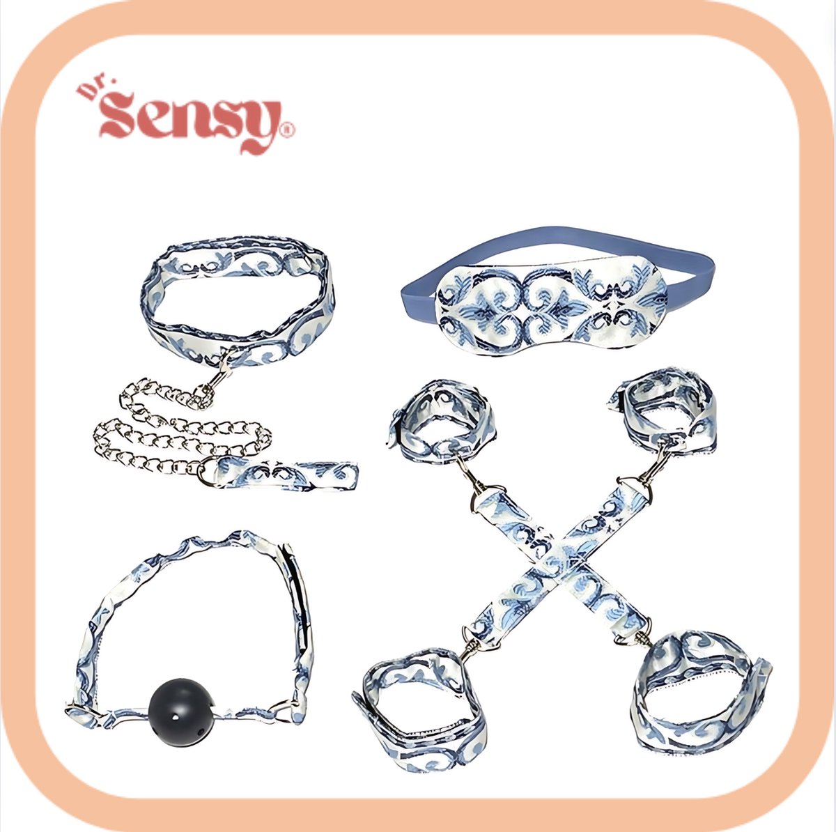 Goedkoopste Dr. Sensy BDSM Bondage set - Blauw/Wit - asia style - 9 Delige Set - 4 Handboeien - Harnas - Halsband met ketting - Gagball - Oogmasker
