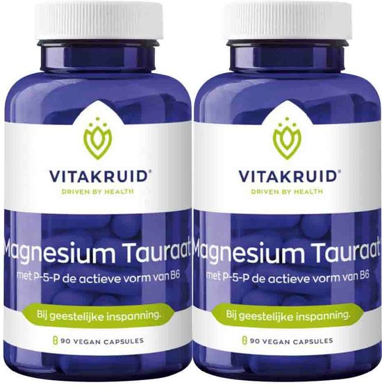 Twee donkerblauwe potten Vitakruid Magnesium Taurate, elk met 90 vegan capsules.