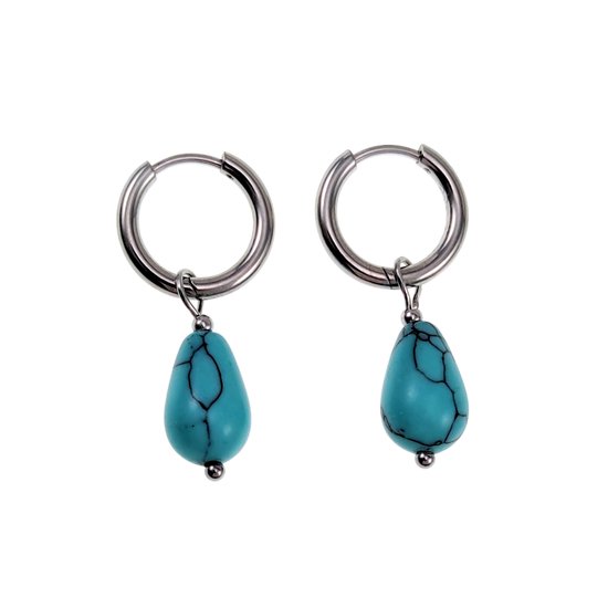 Boucles d'oreilles femme ∅ 14 mm x 2 mm - Acier inoxydable poli - Boucles d'oreilles pendantes en pierre turquoise