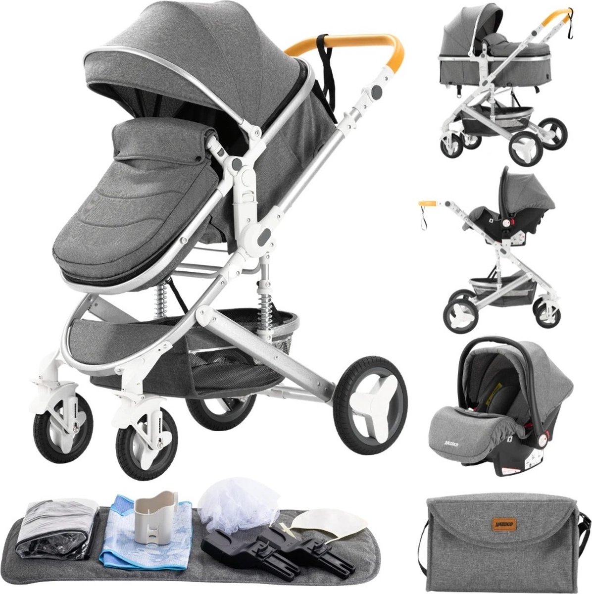 Luxe 3-in-1 Kinderwagen Opvouwbaar met Autostoel - Grijs - Luxe - €274,95