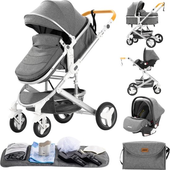 Luxe 3-in-1 Kinderwagen Opvouwbaar met Autostoel - Grijs - Luxe - €234,95