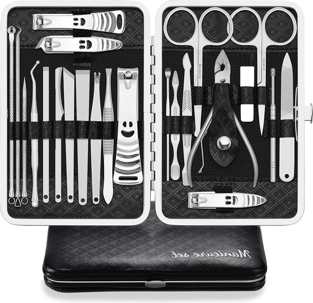 Manicureset professionele nagelknipper kit pedicure care tools 23 stuks roestvrij stalen verzorgingsgereedschappen met zwart PU-lederen hoes