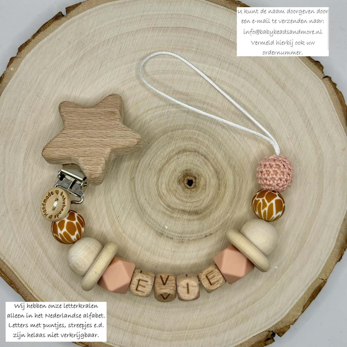 Goedkoopste Babybeads - Speenkoord met naam - Peachy roze met dierenprint - Gepersonaliseerd kraamcadeau
