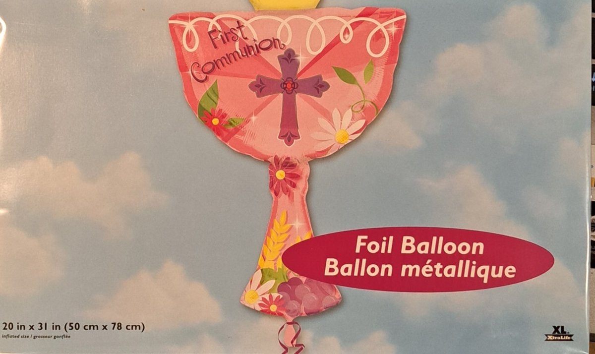 roze communie folieballon supergroot beker met hostie voor communie kelk