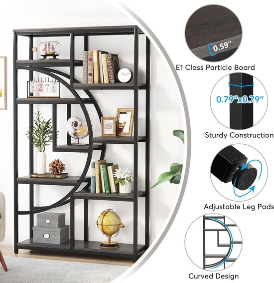 Grijze boekenkast met 5 legplanken, metalen frame, cirkelvormig design en decoratie. Inclusief afmetingen en materiaalinformatie.