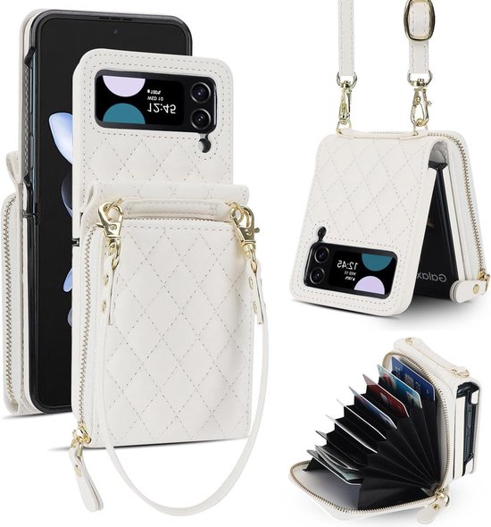 Foto: Crossbody rits lederen portemonnee telefoon case voor samsung galaxy z flip 4 luxe crossbody case met verstelbare lanyard bandjes wit