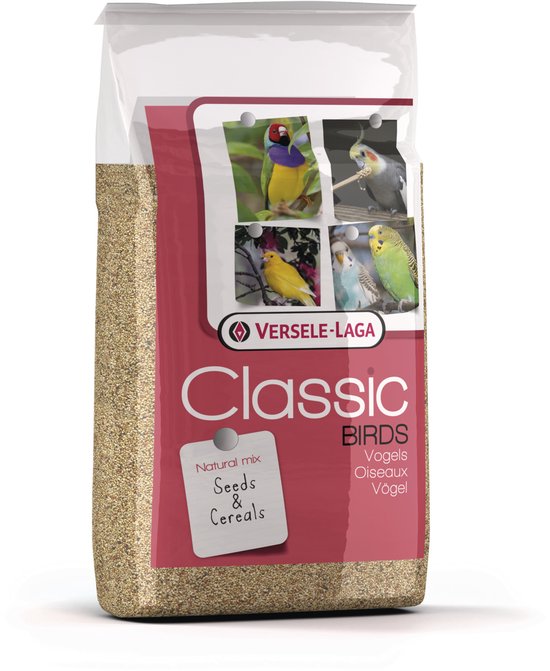 Versele-Laga Classic Birds: een zak met vogelvoer, met afbeeldingen van een goudvink, valkparkiet, kanarie en parkiet.