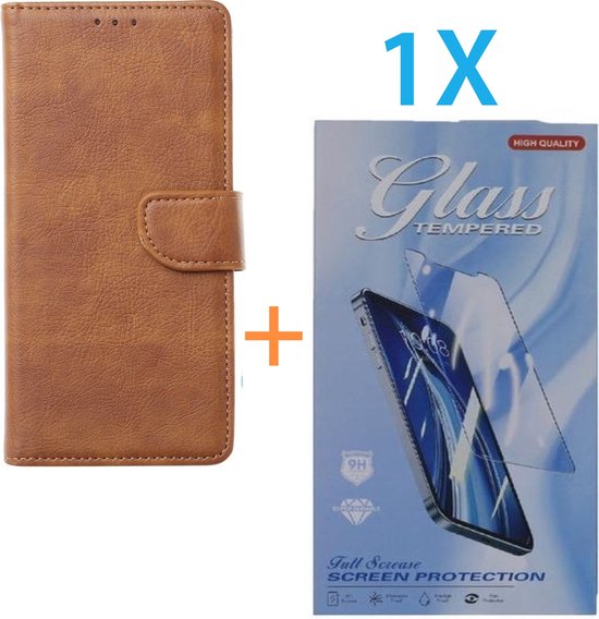 Bookcase Convient pour : Apple iPhone 15 - Marron clair - étui portefeuille - + 1X protecteur d'écran en Tempered Glass