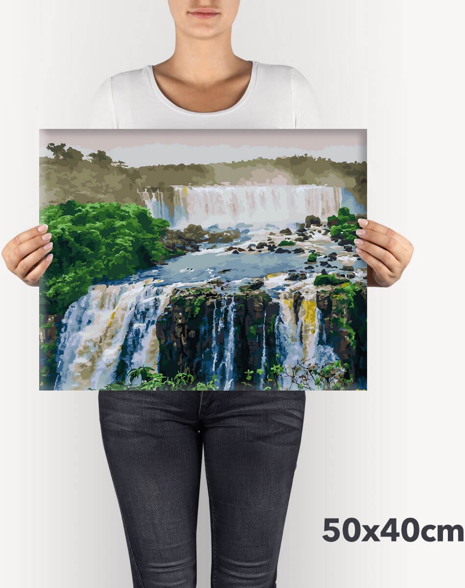 Schilderen Op Nummer Volwassenen DIY Paint By Number Compleet Hobby Pakket op Frame met Vernis - ®Arty Bee - Iguazu Waterval 50x40cm — afbeelding 4