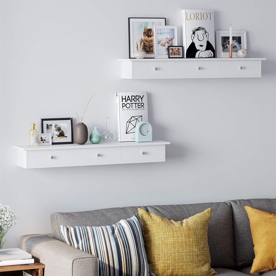 Relaxdays wandplank, set van 3, verschillende groottes, woonkamer, slaapkamer, mdf, modern design, zwevende plank, wit