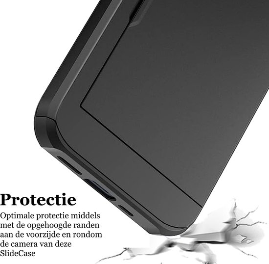 Hoesje met Pasjeshouder geschikt voor iPhone 16 Plus - 2x Screen Protector FullGuard - Back Cover SlideCase Zwart & Screenprotector