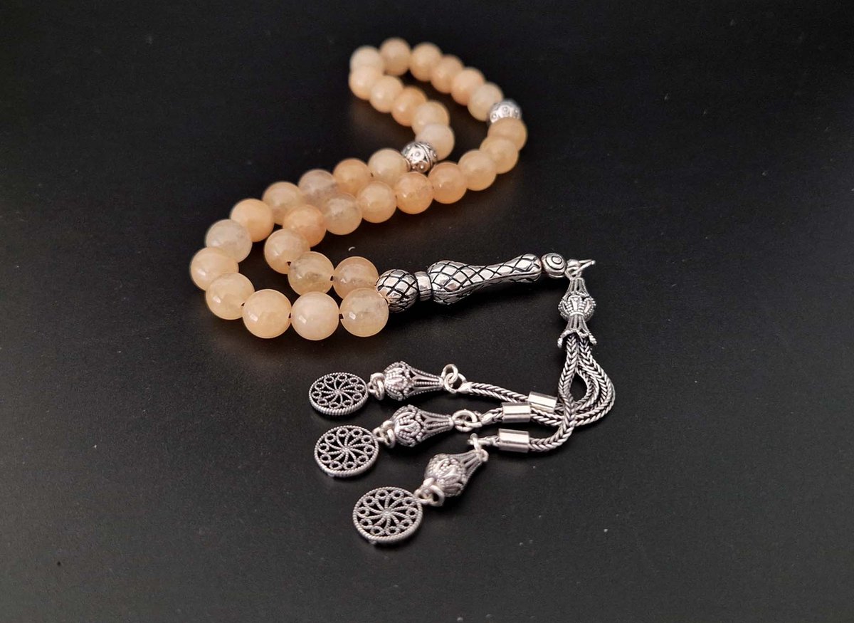 Handgemaakte natuursteen tesbih met Klauw tassel 925 zilver Calciet geel met 925 Zilver Kwastjes Cirkels Aantal kralen 33 Diameter kralen 8MM