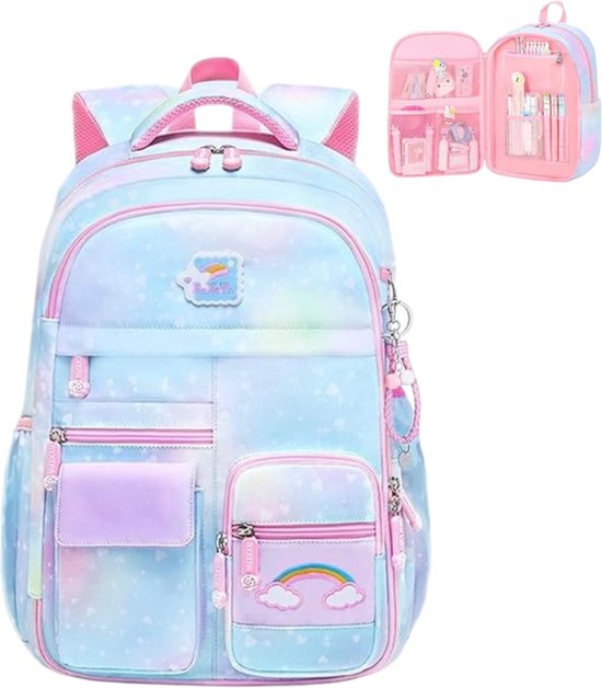 Foto: Schooltas voor meisjes rugzak voor school 41 x 30 x 16 cm voor 15 6 inch laptop grote inhoud 20l 12 vakken van verdikte oxford stof en scheurvast met s vormige verstelbare schouderriem en reflecterende strepen unicorn blauw roze 