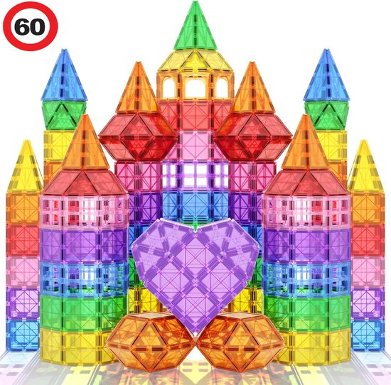 Foto: Playnetix magnetisch speelgoed 60 stuks magnetic tiles bouwspeelgoed montessori magna bouwstenen bouwblokken educatief magnetische tegels magneet speelgoed sinterklaas jongens meisjes 3 jaar t m 12 jaar