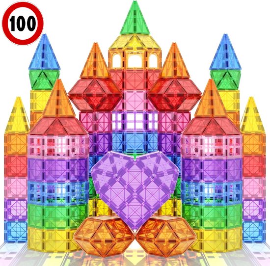 Foto: Playnetix magnetisch speelgoed 100 stuks magnetic tiles bouwspeelgoed montessori magna bouwstenen bouwblokken educatief magnetische tegels magneet speelgoed sinterklaas jongens meisjes 3 jaar t m 12 jaar