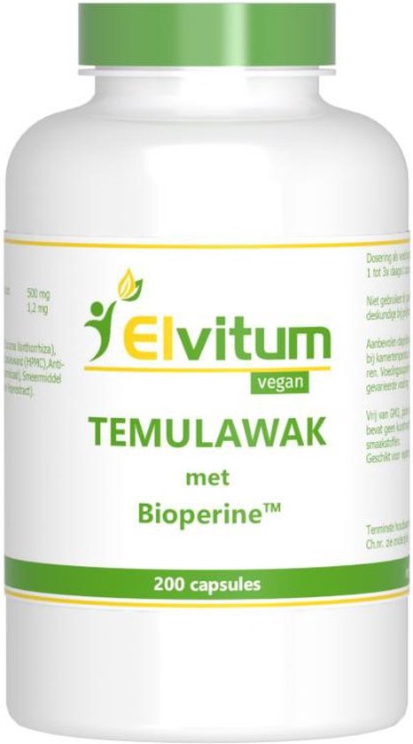 Witte pot Elvitum Temulawak met groene dop, 200 capsules, vegan, met Bioperine.